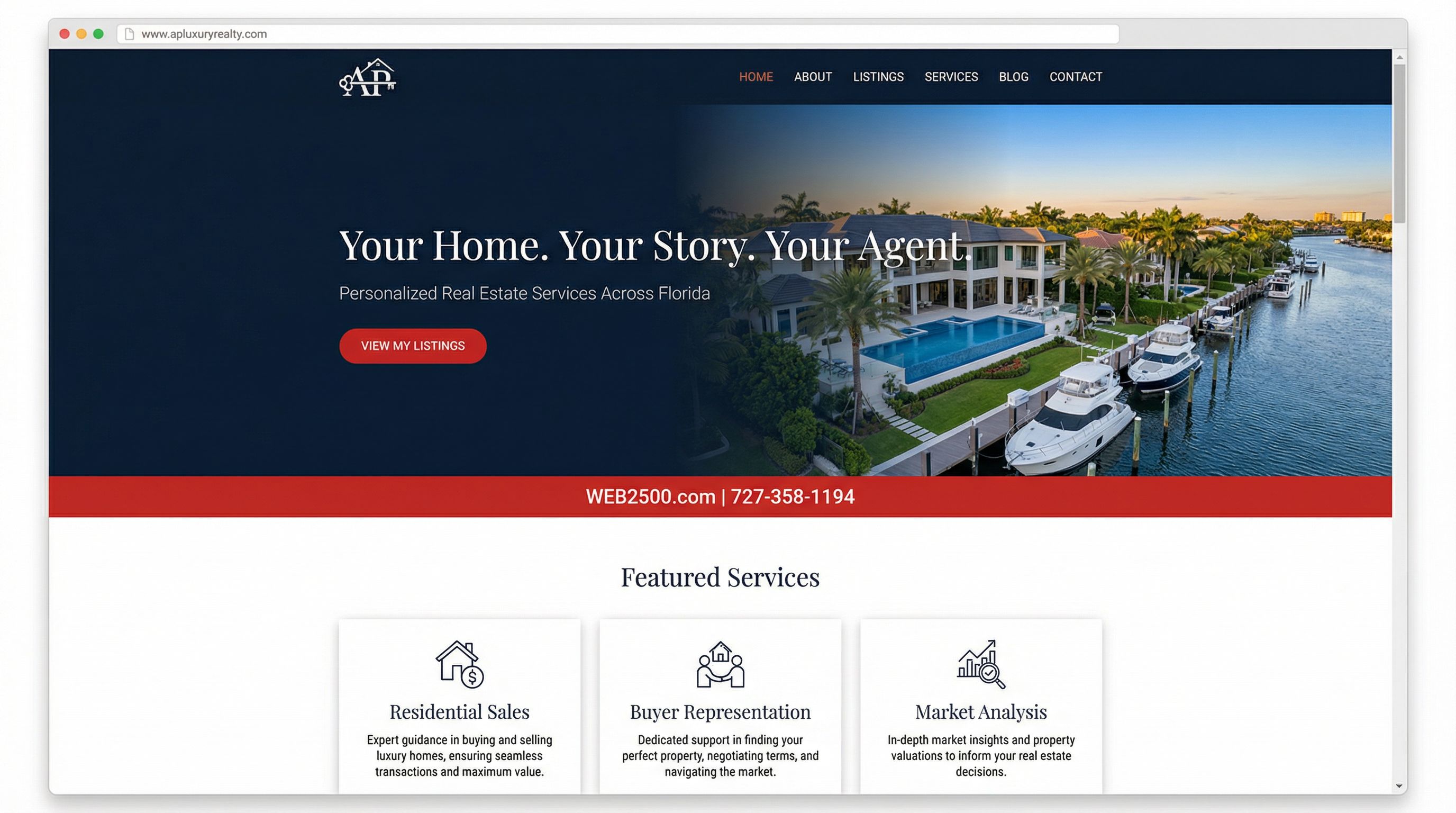Waterfront Hero with Services Mockup